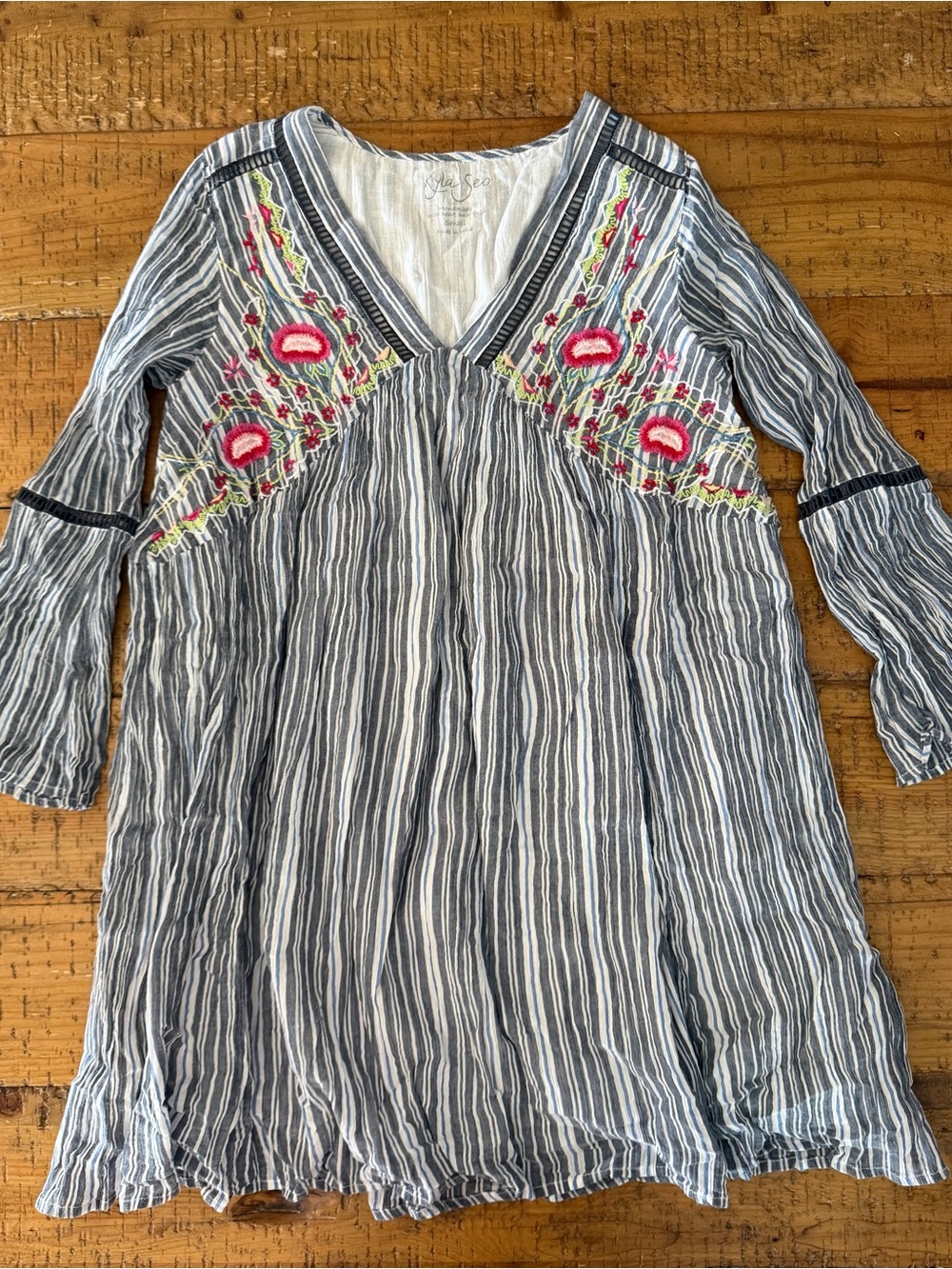 Kyla Seo Blue Stripe Embroidered V-Neck Tunic Top